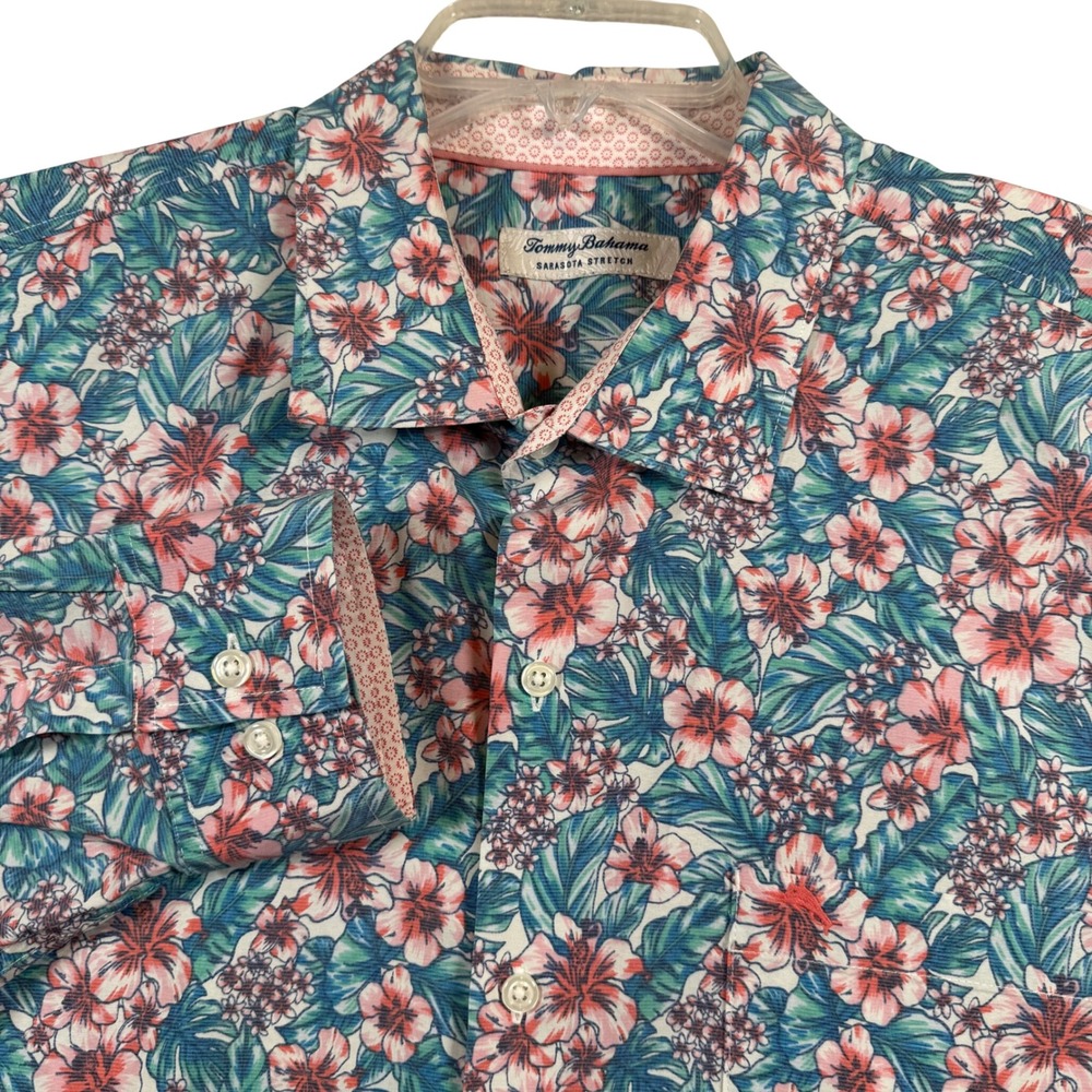 Tommy Bahama Sarasota Stretch Shirt Mens XL Blue Floral Hibiscus Long Sleeve